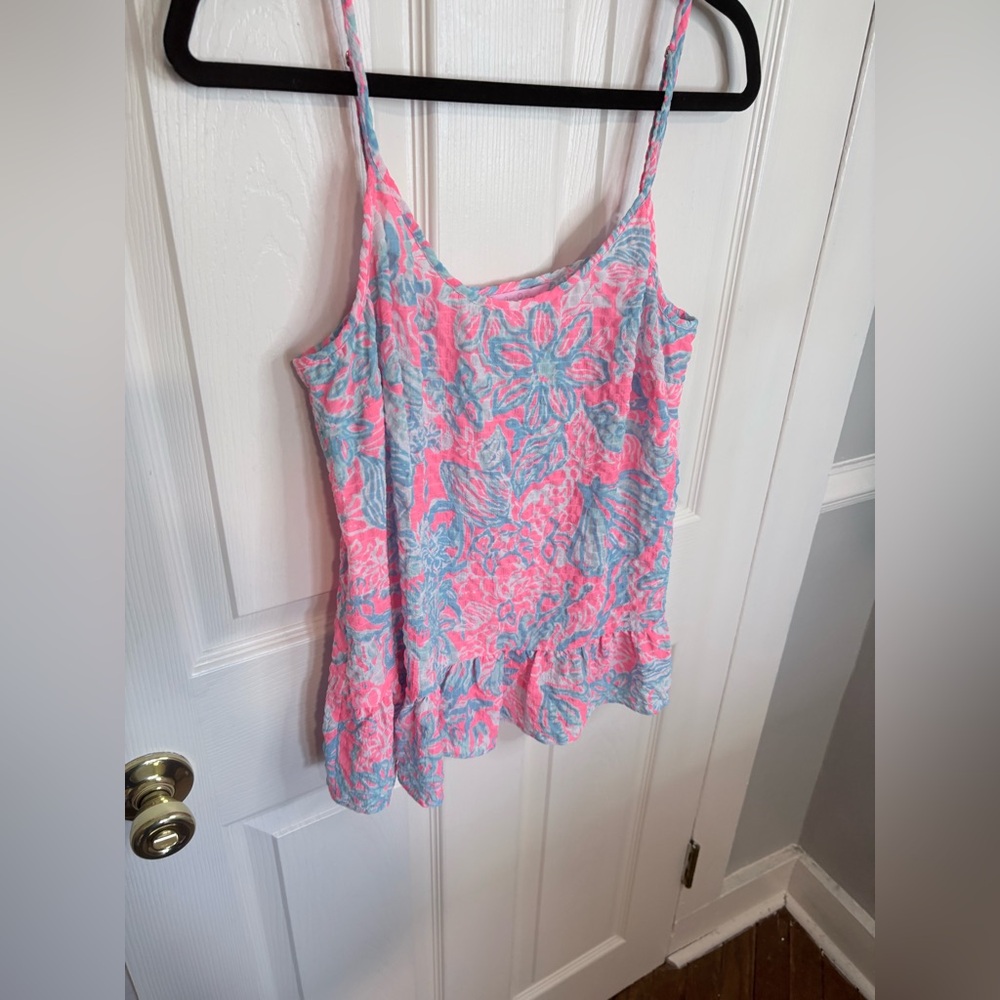 Lilly Pulitzer Peplum Tank Top M | Pink Sun Ray Summer Siren | Ruffle Hem - Picture 4 of 8